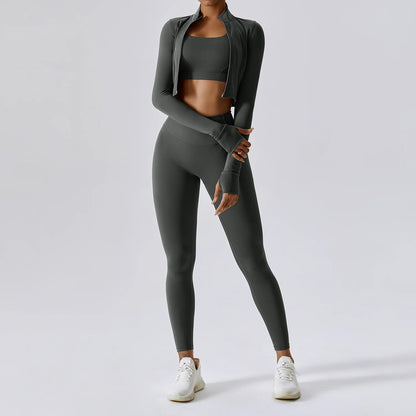 Conjunto de yoga de 3 piezas para mujer, conjuntos de entrenamiento, ropa deportiva para gimnasio, ropa deportiva con cremallera, leggings de manga larga y cintura alta, trajes deportivos, traje de yoga