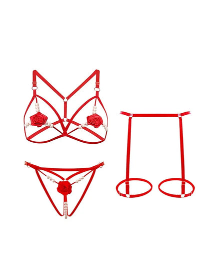 Lencería sexy para mujer, ropa interior abierta con abertura anal, sujetador con perlas huecas, pijama sexy de encaje, disfraz erótico de 3 piezas