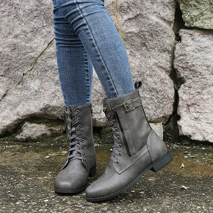 Botines de tacón cuadrado para mujer, botas de trabajo cortas de piel sintética para otoño e invierno, botas elásticas con cordones de talla grande para mujer 2024