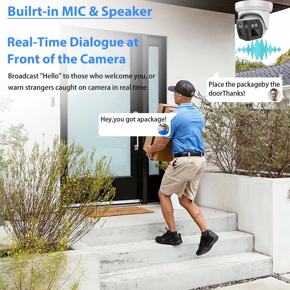 Cámara IP panorámica VIKYLIN compatible con Hikvision, 8 MP, 2 lentes, audio bidireccional, alarma MD2.0, videovigilancia exterior.