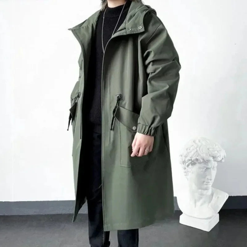 2025 Spring Autumn  Green Windbreaker Fashion Men Mid-length Casual Hooded Coat Men Daily High Street Overcoat Male Clothes