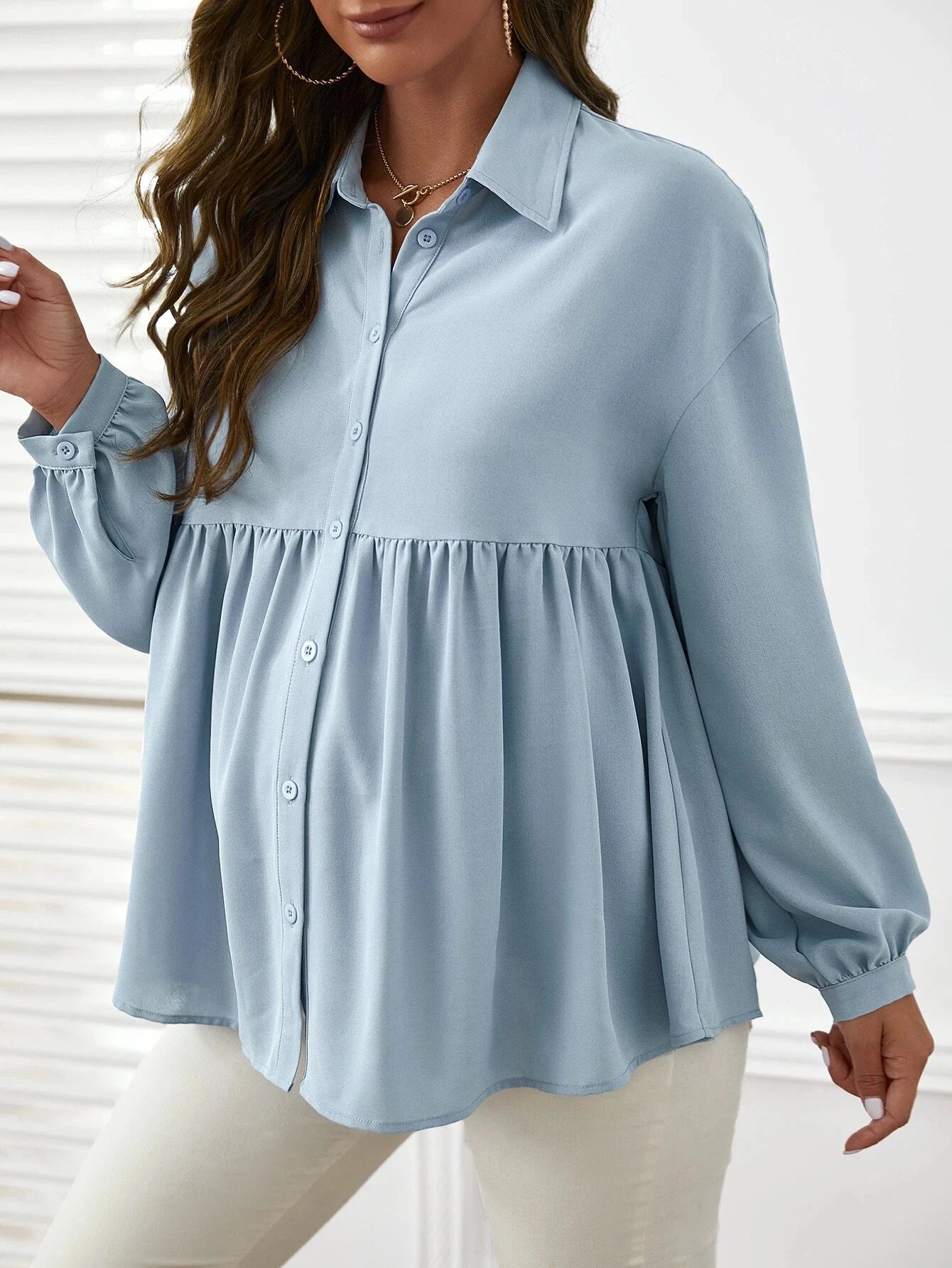 Ropa de maternidad, ropa para mujer, moda de primavera, camisas de color liso para embarazadas, blusa de manga larga con solapa y volantes