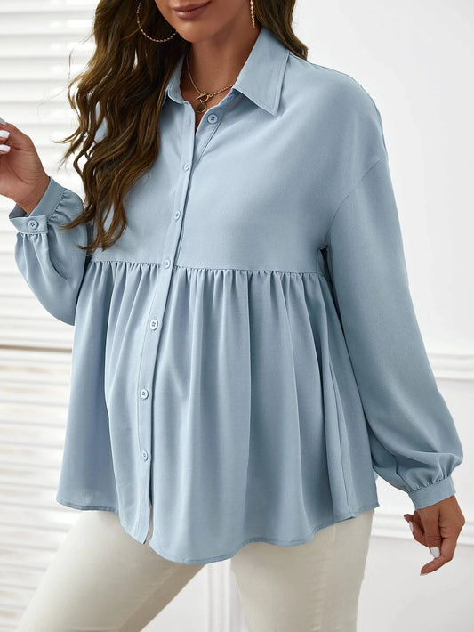 Ropa de maternidad, ropa para mujer, moda de primavera, camisas de color liso para embarazadas, blusa de manga larga con solapa y volantes