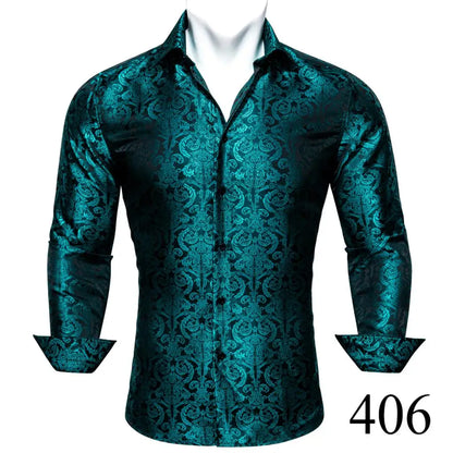 Camisas clásicas negras estampadas y bordadas para hombre, solapa de seda, manga larga, corte formal exquisito, ideales para eventos de negocios y fiestas. Barry.Wang CY-0407