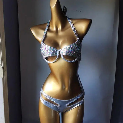 Sparkling Rhinestones Swimsuit for Women Padded Bathing Suit Halterneck Swimsuit