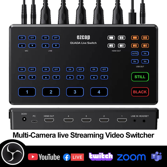 Mezclador de vídeo para transmisión en directo multicámara 1080p60 con 4 HDMI