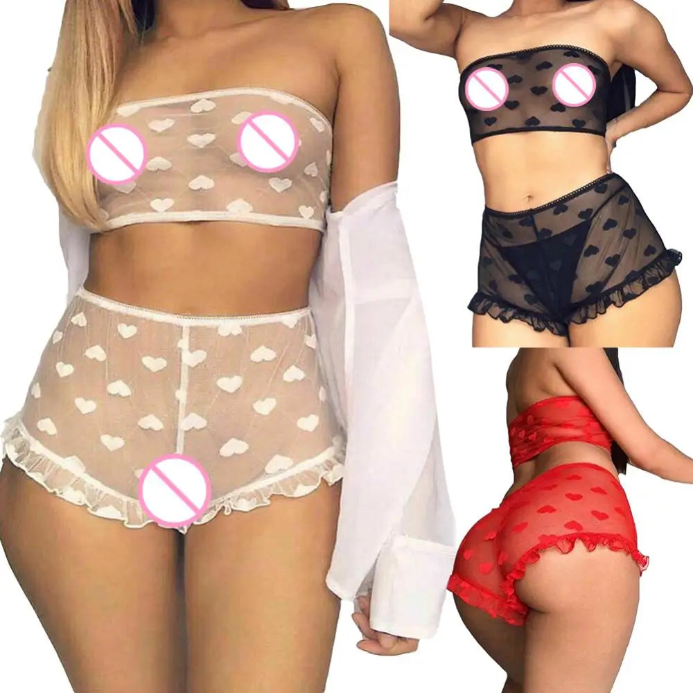 Conjunto de ropa interior erótica para mujer, top de tubo con estampado de corazones transparente, microshorts de encaje, lencería sin entrepierna, body sexy de encaje tipo babydoll.