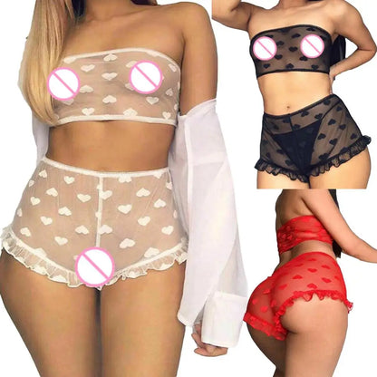 Conjunto de ropa interior erótica para mujer, top de tubo con estampado de corazones transparente, microshorts de encaje, lencería sin entrepierna, body sexy de encaje tipo babydoll.