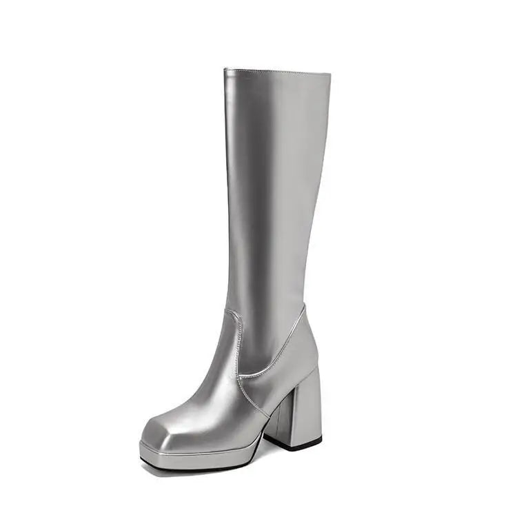 Botas altas impermeables para mujer, con plataforma de 10 cm y punta cuadrada, botines de invierno 2025 hasta la rodilla con tacón grueso, talla grande 43