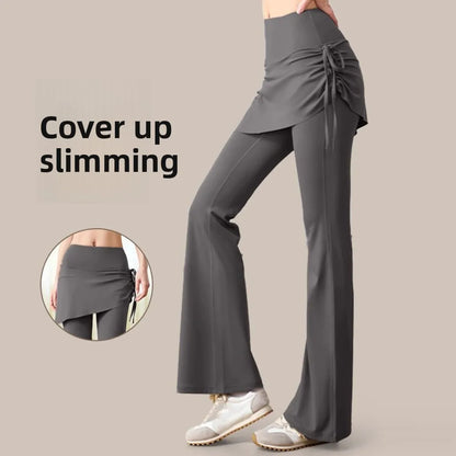 Leggings deportivas 2 en 1 con diseño de falda, dobladillo acampanado, cintura alta y cordón ajustable para yoga, actividades al aire libre y fitness.