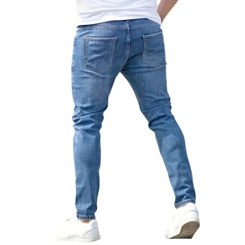 Pantalones vaqueros elásticos de corte ajustado para hombre, estilo urbano clásico informal, con cremallera, de mezclilla, de diseñador, en negro y azul.