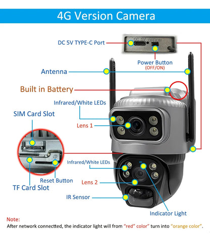 Cámara IP de seguridad V380 de doble lente, 4G, con detección humana PIR solar, visión nocturna, resistente al agua, 8MP, 4K, monitor CCTV con batería