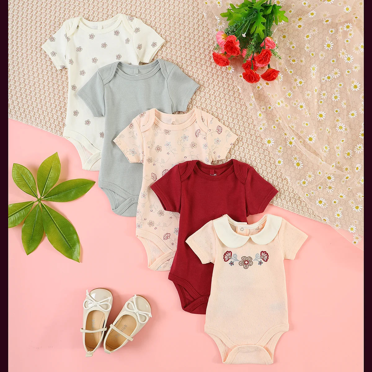 Ropa para bebé niña, 5 piezas, mono de bebé niña, ropa para bebé recién nacida, mono de verano de manga corta, adecuado para 0 a 9 meses