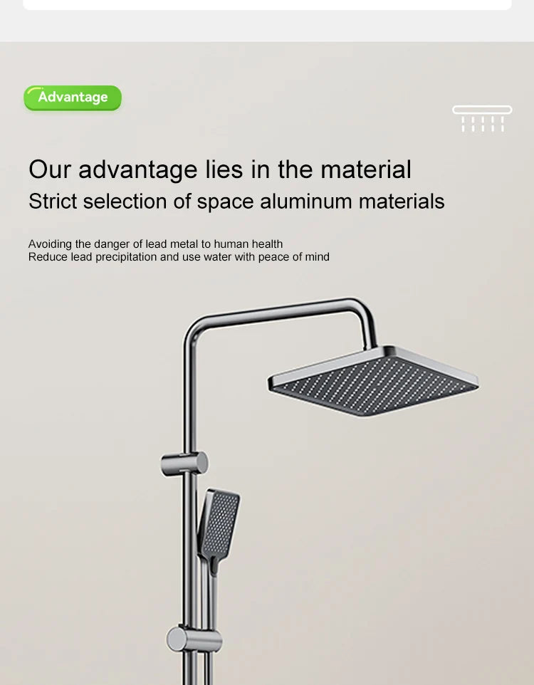 Sistema de ducha con luz ambiental y botones de piano grises, pantalla digital, grifos tipo lluvia y cabezal de ducha.