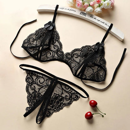 Conjunto erótico de lencería con encaje transparente y sujetador de perlas para mujer, conjunto de ropa interior sexy, color blanco, abierto, sin entrepierna