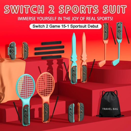 Set de accesorios deportivos S225 para Switch 2, kit de accesorios 15 en 1 para Switch 2: raquetas de tenis, empuñaduras de espada, etc.