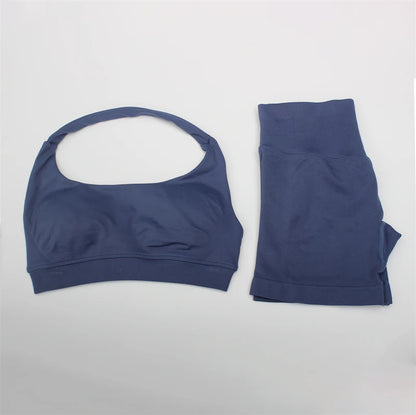 Women's Electric Blue Blossom High Stretch Top Sports Bra Shorts Set Comfortable Gym Workout Yoga Active Wear Impact Outfit