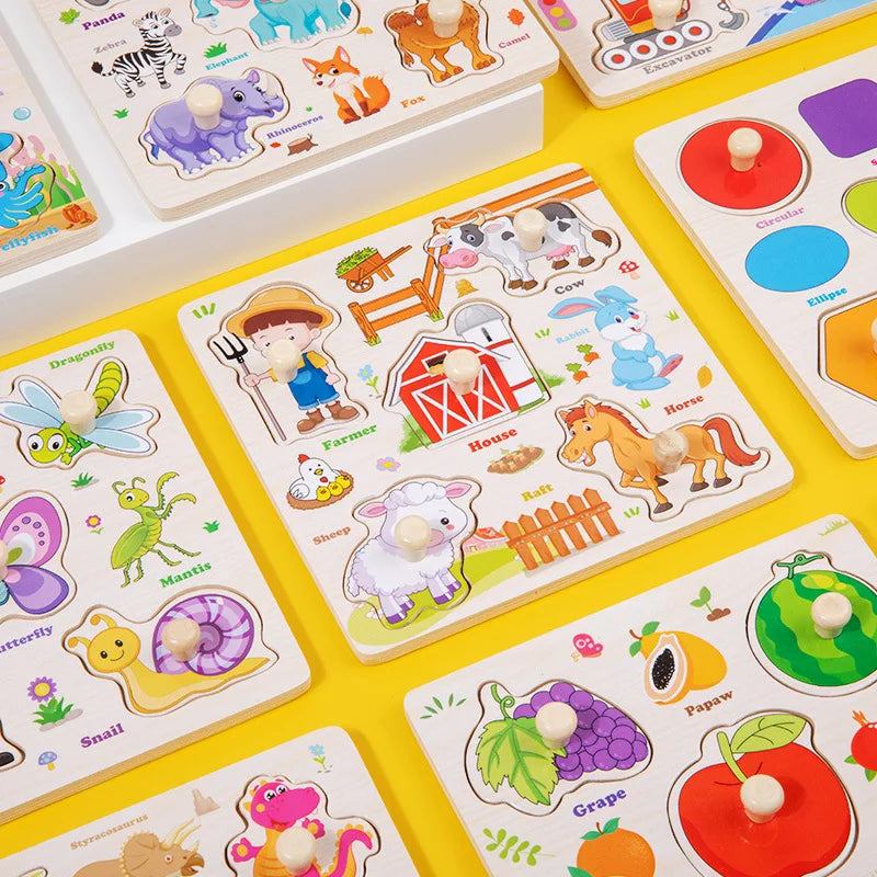 Rompecabezas de madera Montessori, juguetes para niños, dibujos animados de animales, tráfico, tableros de agarre, juguetes educativos de aprendizaje temprano para niños.