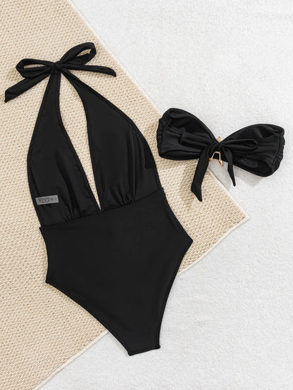 Conjunto de bikini de dos piezas con cuello halter para mujer, bañador sexy liso, push up ajustado, sin espalda, traje de baño de verano para playa, 2025