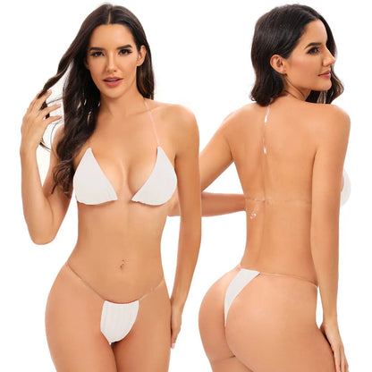 Traje de baño para mujer, bikini sexy transparente con tirantes triangulares, tanga de dos piezas, color sólido, ropa de playa, traje de baño para spa