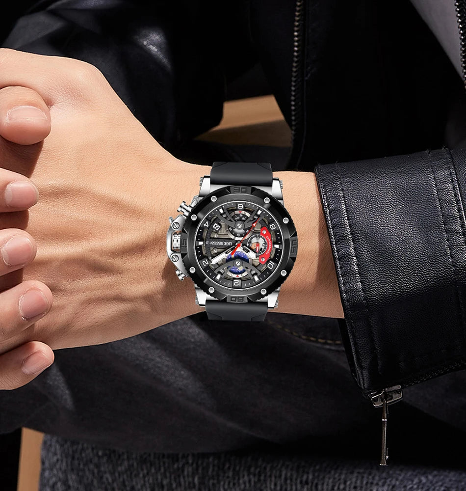 Reloj deportivo LIGE para hombre, de primera marca, de silicona, de lujo, con cronógrafo, esfera pequeña, función de cuarzo, resistente al agua, luminoso.