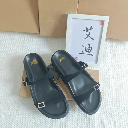 Sandalias planas ZAR para mujer, de satén de seda, con hebilla y diamantes, negras, modernas, sin cordones.