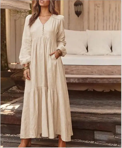 Women's Dress 2025 Spring and Summer Women's Button Cotton and Linen Retro Casual Long Sleeve Dress Large Hem Long Skirt