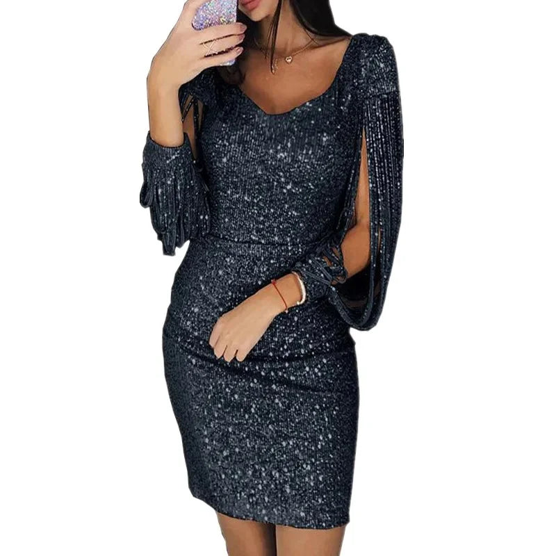 Vestido adelgazante de manga larga con flecos y escote en V con diamantes de imitación, el más vendido de Amazon Wish en 2019, para niñas, juvenil y elegante.