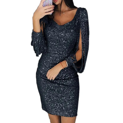 Vestido adelgazante de manga larga con flecos y escote en V con diamantes de imitación, el más vendido de Amazon Wish en 2019, para niñas, juvenil y elegante.