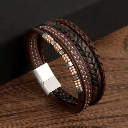 Brazalete punk multicapa de acero inoxidable, pulsera de cuero de alta calidad para hombres y mujeres, nuevo diseño de moda, joyería trenzada para mano masculina.