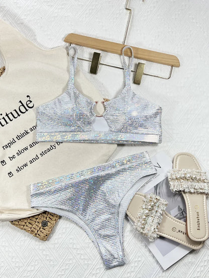 Bikini sexy de cintura alta con lentejuelas plateadas, traje de baño para mujer, conjunto de bikini, traje de baño nuevo, bikini femenino con push-up y aro de metal.