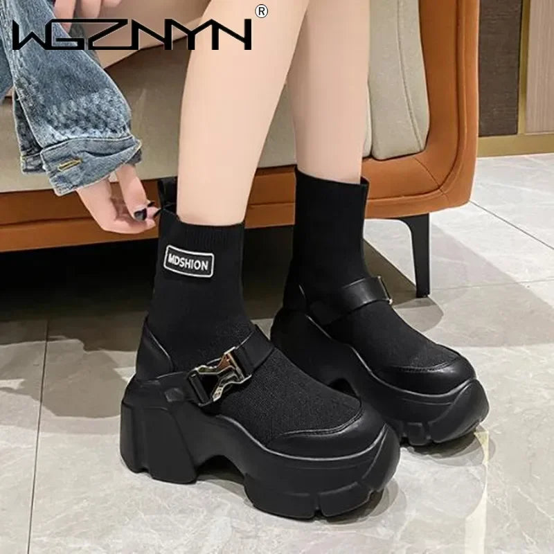 Botines de plataforma alta de 8 cm para mujer, botas cortas con suela gruesa y suela gruesa, antideslizantes, para motocicleta, para otoño