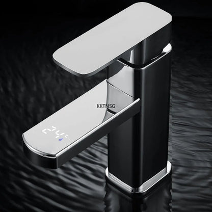 Grifo mezclador digital de temperatura KKTNSG LED para lavabo, con instalación sobre encimera y grifo para agua fría y caliente.