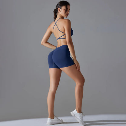 Conjunto deportivo de yoga, mallas de gimnasio de secado rápido, tirantes cruzados con absorción de impactos, pantalones cortos de ciclismo para mujer, entrenamiento de yoga.