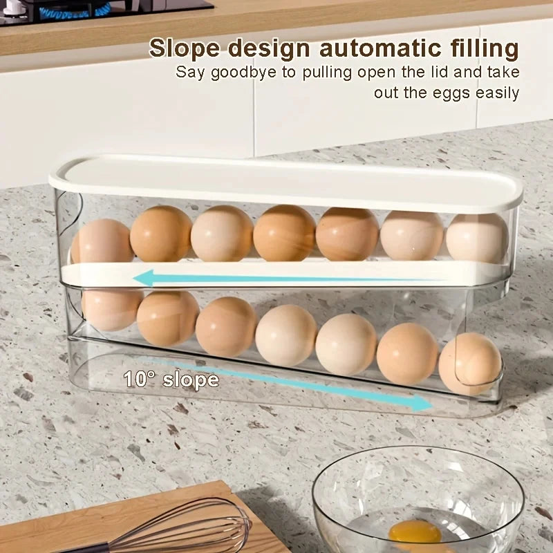 Caja de almacenamiento de huevos para refrigerador de dos capas, soporte automático para huevos con ruedas, estante estilo escalera, dispensador de huevos para refrigerador, organizador de huevos