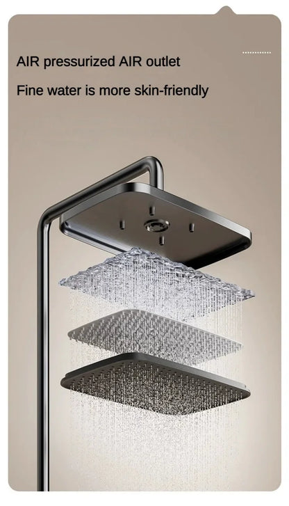 Juego de ducha gris con sistema de ducha inteligente de cuatro funciones con pantalla digital, ducha tipo lluvia a presión, grifería de pared con teclas de piano