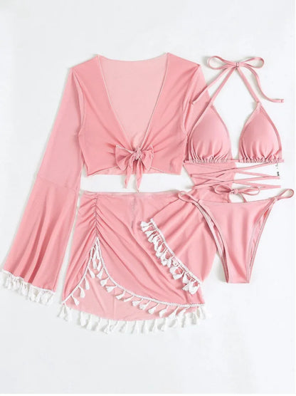 4 Piece Swimming Suit Women Beach Wear Solid Tassel Cover Up Mesh Mini Skirt Bikinis Set Cute Swimming Pool Outfit Summer