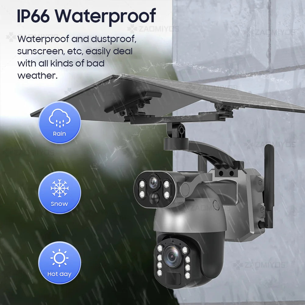 Cámara de seguridad exterior con zoom óptico de 10 MP y 50x, doble lente, SIM 4G, energía solar, Wi-Fi, PTZ, detección humana, grabación y visión nocturna. 10 MP, zoom óptico de 50x, doble lente, 4G, SIM, solar.