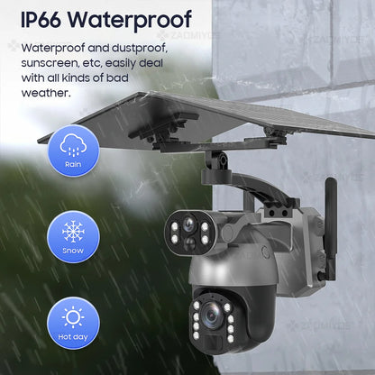 Cámara de seguridad exterior con zoom óptico de 10 MP y 50x, doble lente, SIM 4G, energía solar, Wi-Fi, PTZ, detección humana, grabación y visión nocturna. 10 MP, zoom óptico de 50x, doble lente, 4G, SIM, solar.
