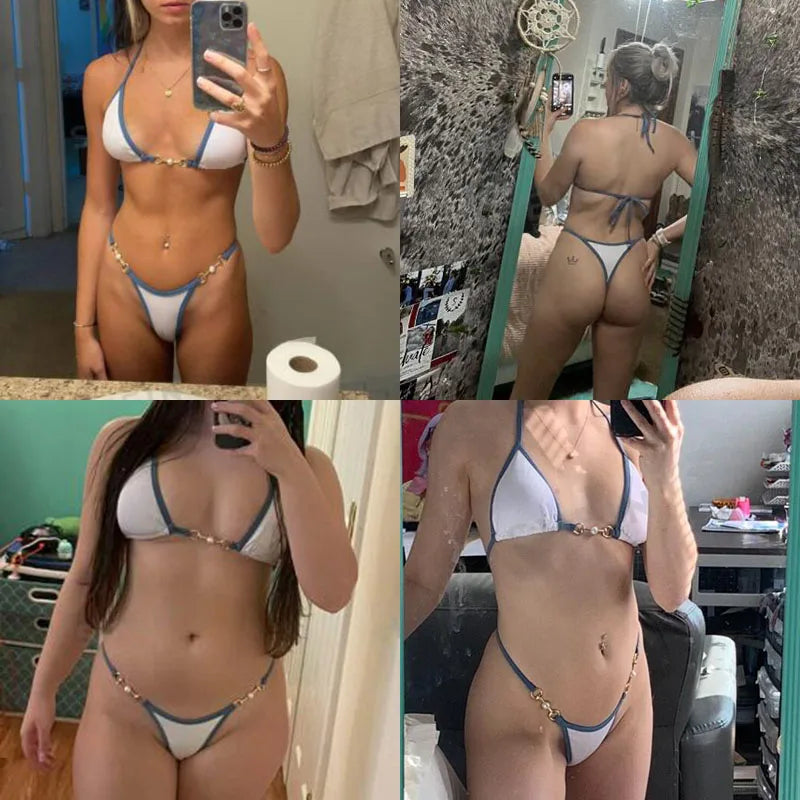 Traje de baño para mujer 2025, traje de baño de dos piezas con cuello halter, conjunto de bikini para mujer, ropa de playa de verano, traje de baño con cordón ajustable, tanga, copa triangular