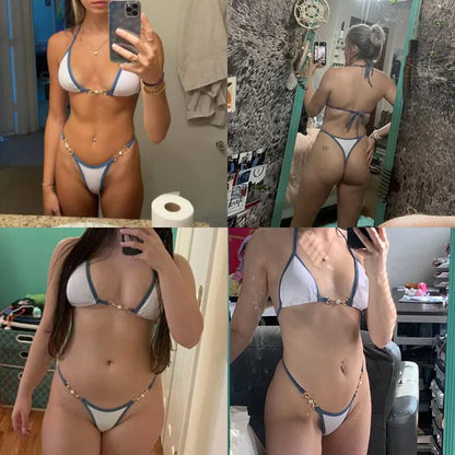 Traje de baño para mujer 2025, traje de baño de dos piezas con cuello halter, conjunto de bikini para mujer, ropa de playa de verano, traje de baño con cordón ajustable, tanga, copa triangular