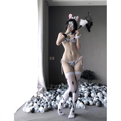 Anime Cow Sexy Cosplay Costume Maid Tankini Swimsuit Bikini Set Girls Swimwear Clothing Lolita Bra and Panty Set Stockings