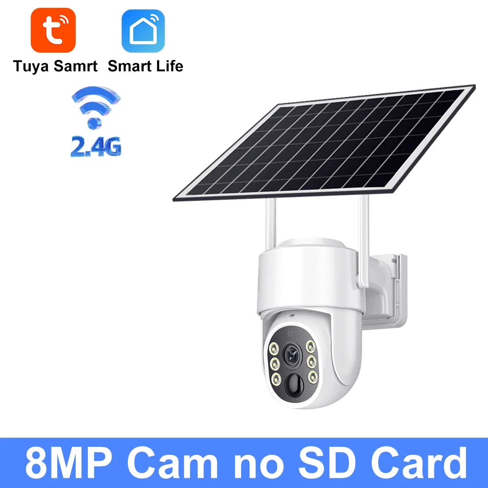 Cámara Tuya de 8 MP con energía solar, conexión wifi, detección humana PIR, visión nocturna, diseño resistente al agua, batería interna de seguridad para exteriores.