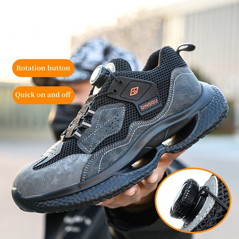Zapatos de seguridad de trabajo con botón giratorio para hombres y mujeres, zapatos con puntera de acero, botas de seguridad indestructibles, zapatillas de trabajo protectoras ligeras.
