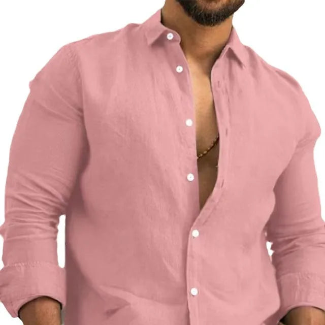 Camisa lisa de lino y algodón de color liso para hombre, camisa clásica de manga larga con solapa y botones, holgada, a la moda para primavera y verano