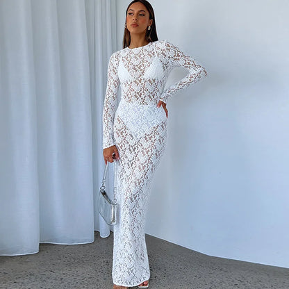 Vestido playero elegante y sexy de punto calado para mujer, moda de verano 2025, estilo vacacional, bikini de manga larga con capucha y encaje