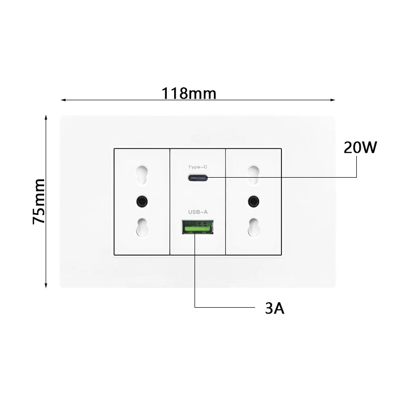 Enchufe de pared USB inteligente tipo C de 20 W con carga rápida para Italia, Chile y México; panel de interruptor de luz eléctrico de Brasil con toma USB-C universal.