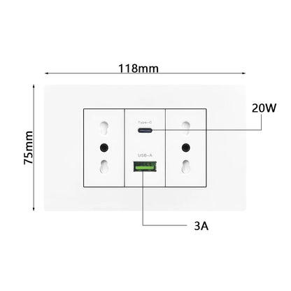 Enchufe de pared USB inteligente tipo C de 20 W con carga rápida para Italia, Chile y México; panel de interruptor de luz eléctrico de Brasil con toma USB-C universal.