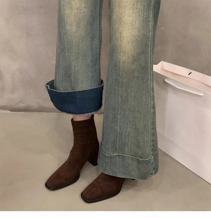 Vintage Women Ankle Boots 2024 Fashion Square Toe Thick High Shoes Autumn Winter New Ladies Elegant Stretch Slim Short Booties