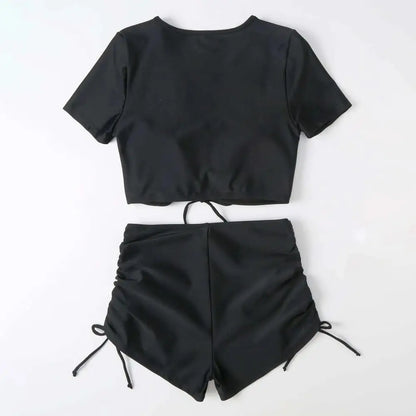 2Pcs/Set Swimsuit for Women Bikini Set V-Neck Short Sleeve Tops High Waist Drawstring Swimming Trunks Quick Drying Swimsuit